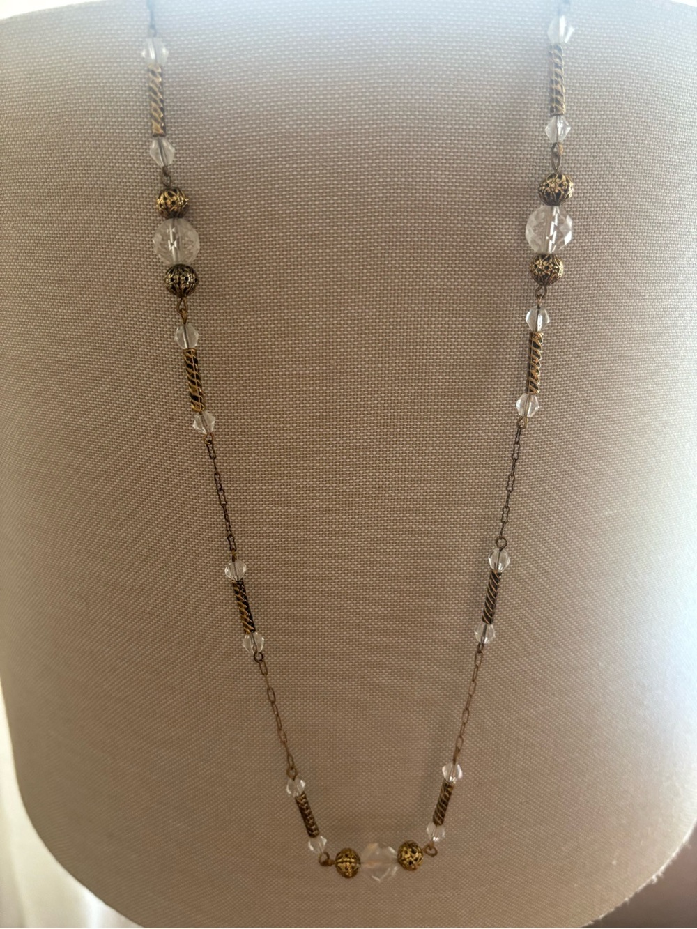 Delicate Vintage Clear Crystal Bead Necklace with Gold Accents